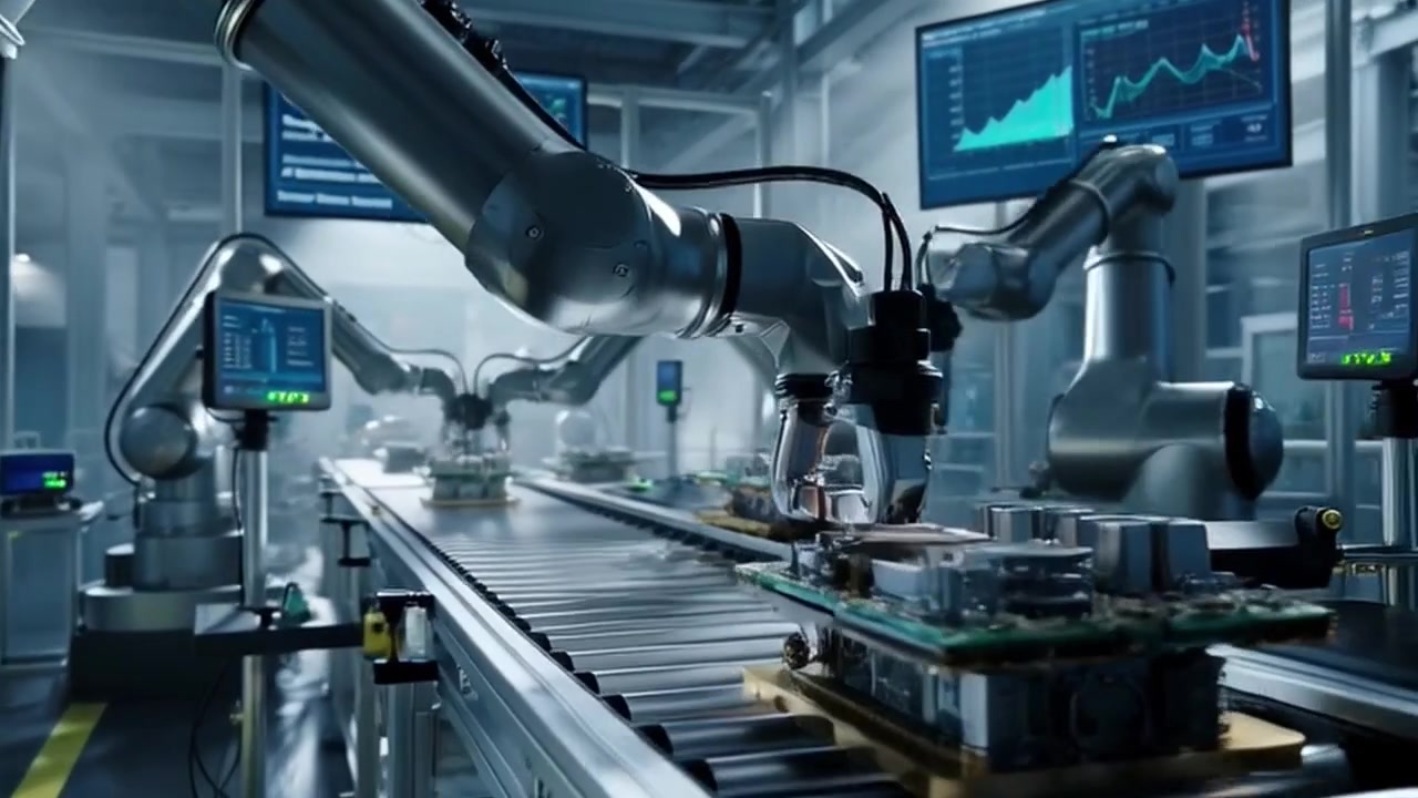 Bras robotiques assemblant des cartes de circuits imprimés sur un tapis roulant d'usine automatisée