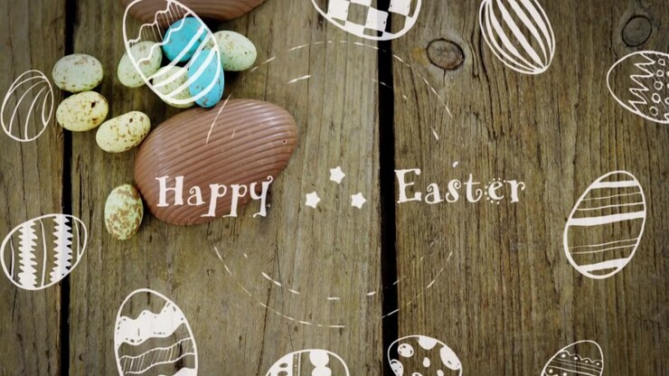 At start three ribbed eggs appearing, speckled eggs placing, Happy Easter fading in on rustic plank