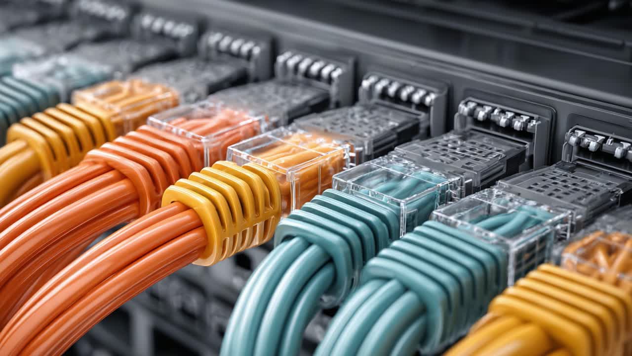 A Detailed Close-Up View of Various Ethernet Cables Connected to a Networking Switch, Highlighting Their Colorful Arrangement and Connections for Data Transmission