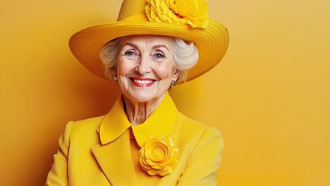 una mujer con un sombrero amarillo con una flor en él