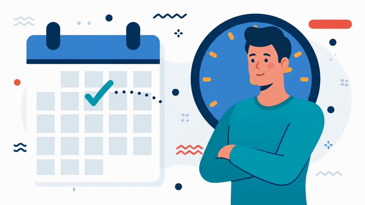 Happy character planning his weekly schedule with a large calendar and clock