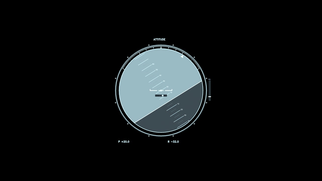 A circular flight gauge featuring an artificial horizon, pitch ladder, and digital telemetry readouts. Animated pitch data loops seamlessly for compositing as a tech overlay.