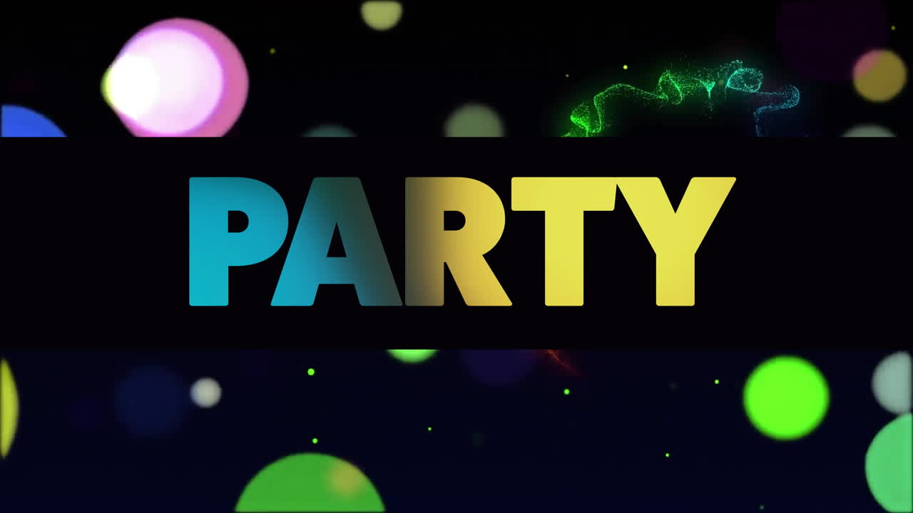 Animation of party text and glowing spot lights on black background