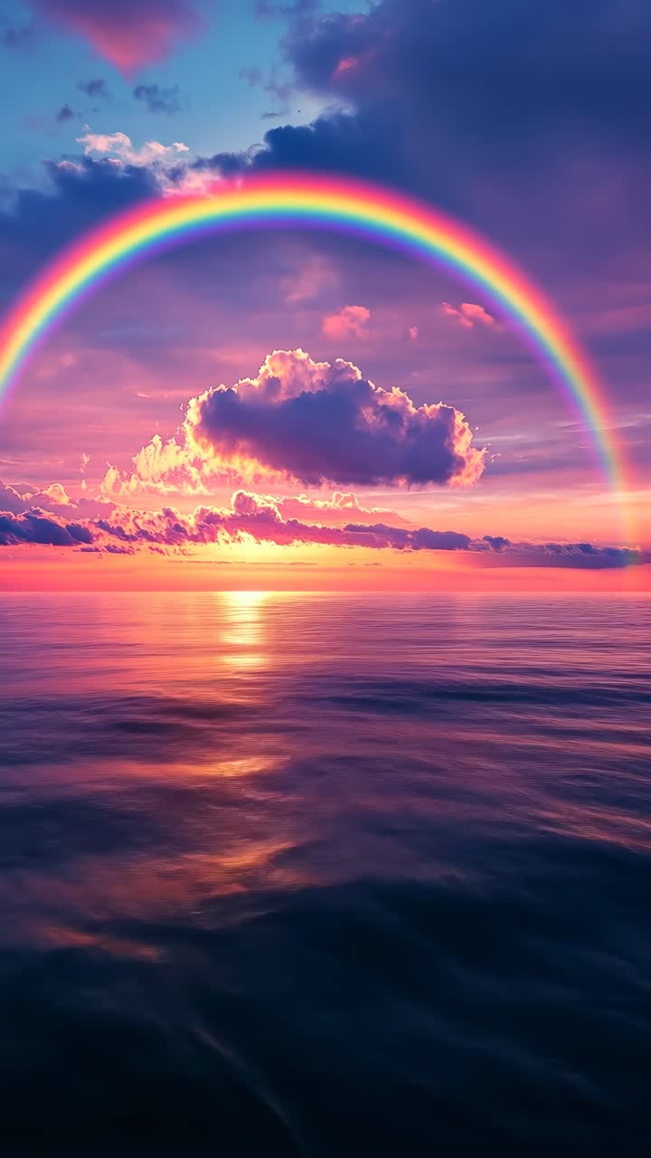 A stunning wide-angle video shot of a vibrant rainbow arching over a serene ocean at sunset