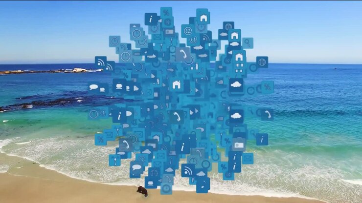 Animazione di un globo di icone digitali che fluttua sul mare