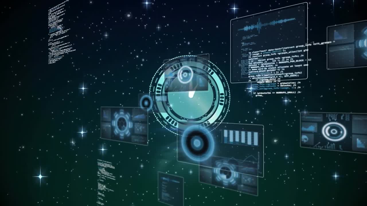 Animation of clock, scopes scanning and data processing over screens on dark background