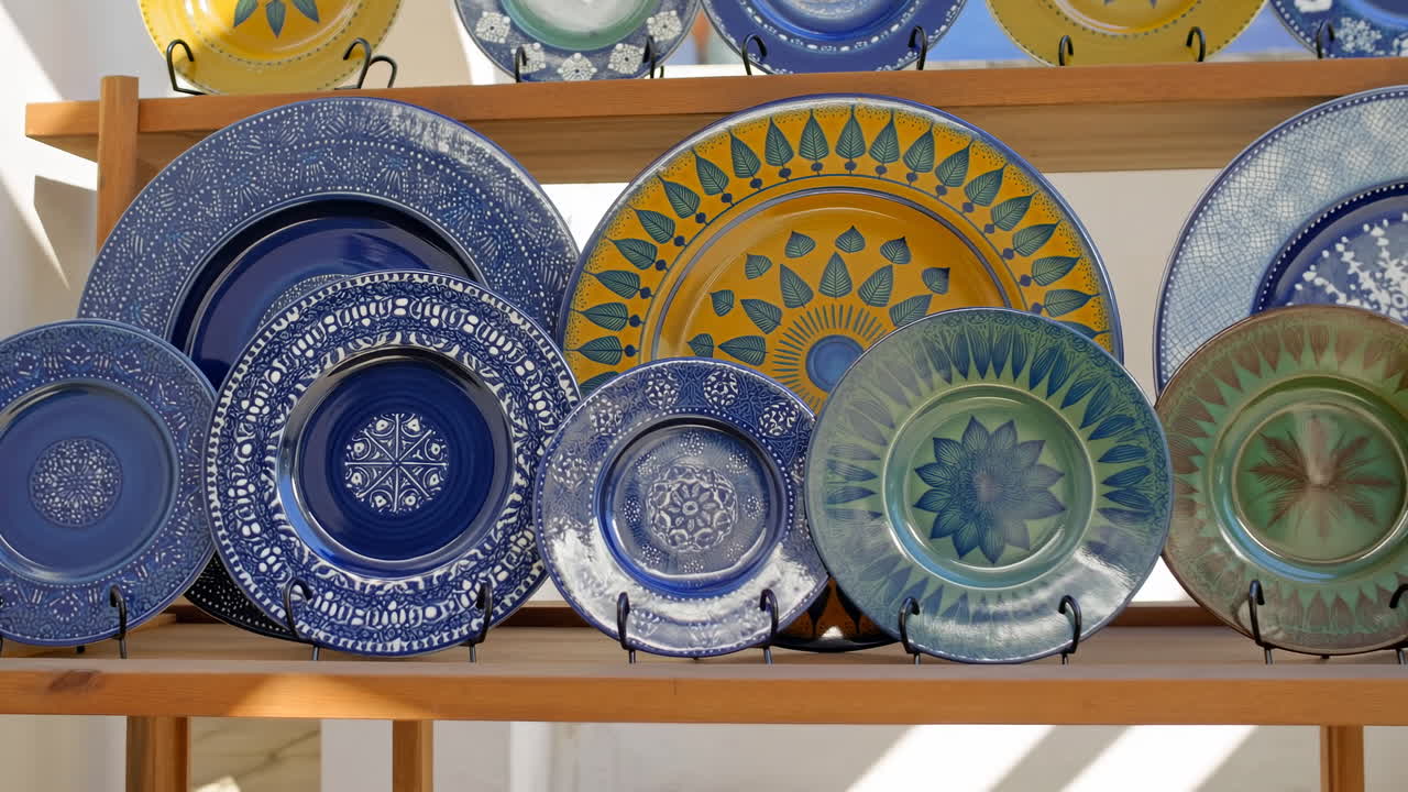 Colorful Patterned Ceramic Plates Displayed on Wooden Shelves