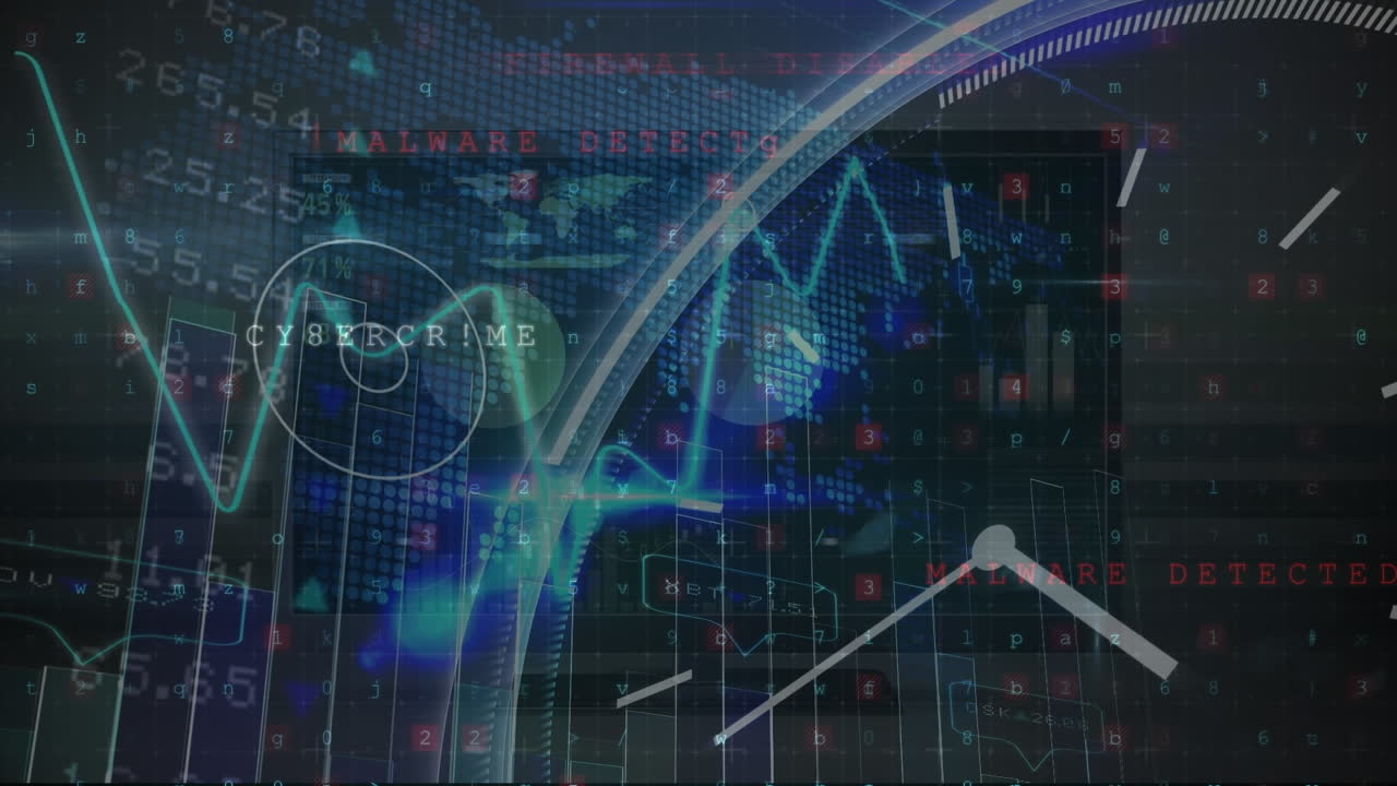 다중 그래프, 렌즈 플레어, 디지털 시계, 지도, 텍스트, 숫자 및 문자의 애니메이션