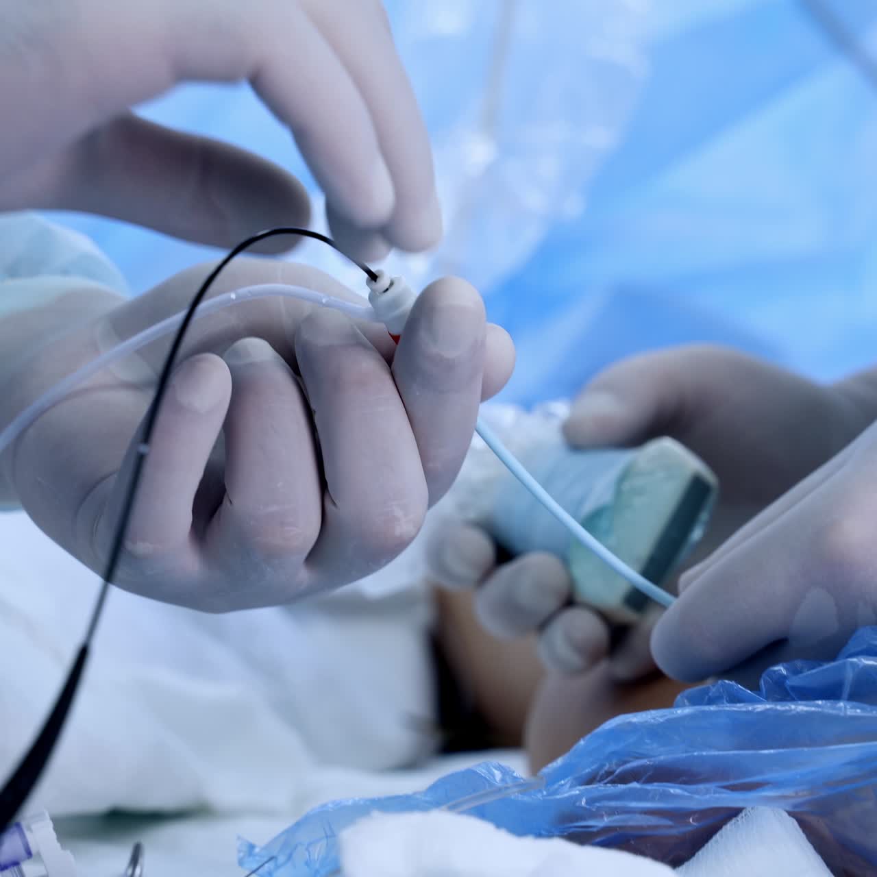 Male gloved hands holding and using the surgical tools and devices. Close up. Vascular operation in process