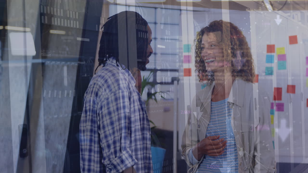 Animation of financial data processing over diverse business people in office