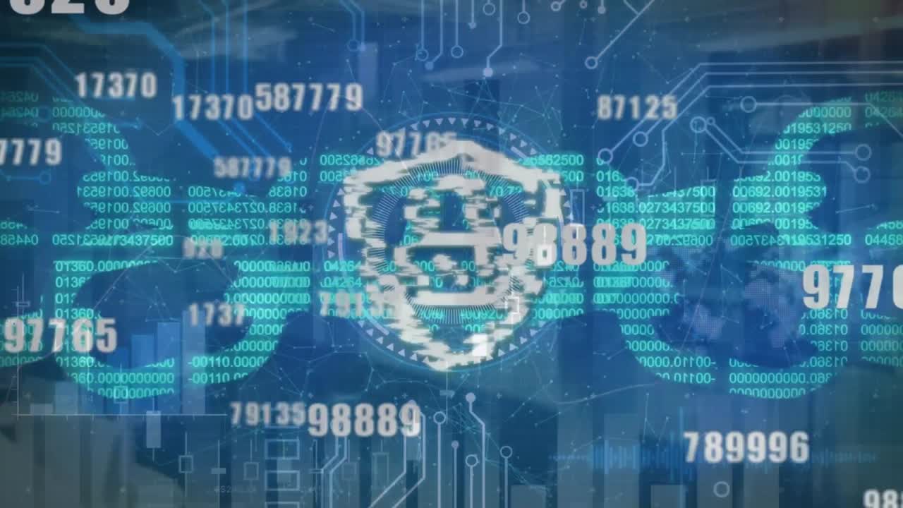 블록체인과 연결된 점에 대한 변하는 숫자에 대한 방패의 락의 애니메이션