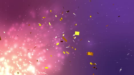 colorful confetti falling animation over pink and purple gradient background