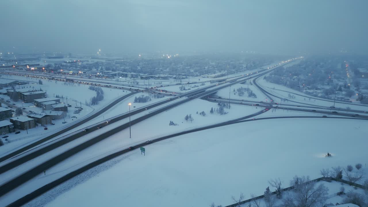 안개 낀 겨울 저녁 동안 바쁜 고속도로 교통을 운전하는 고양이