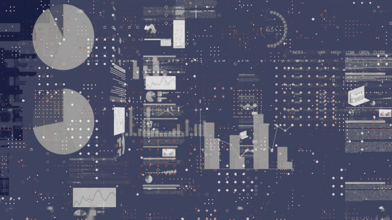 Animation of stock market and spots over diagrams and data processing