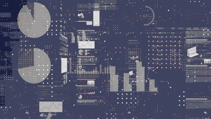 Animation of stock market and spots over diagrams and data processing