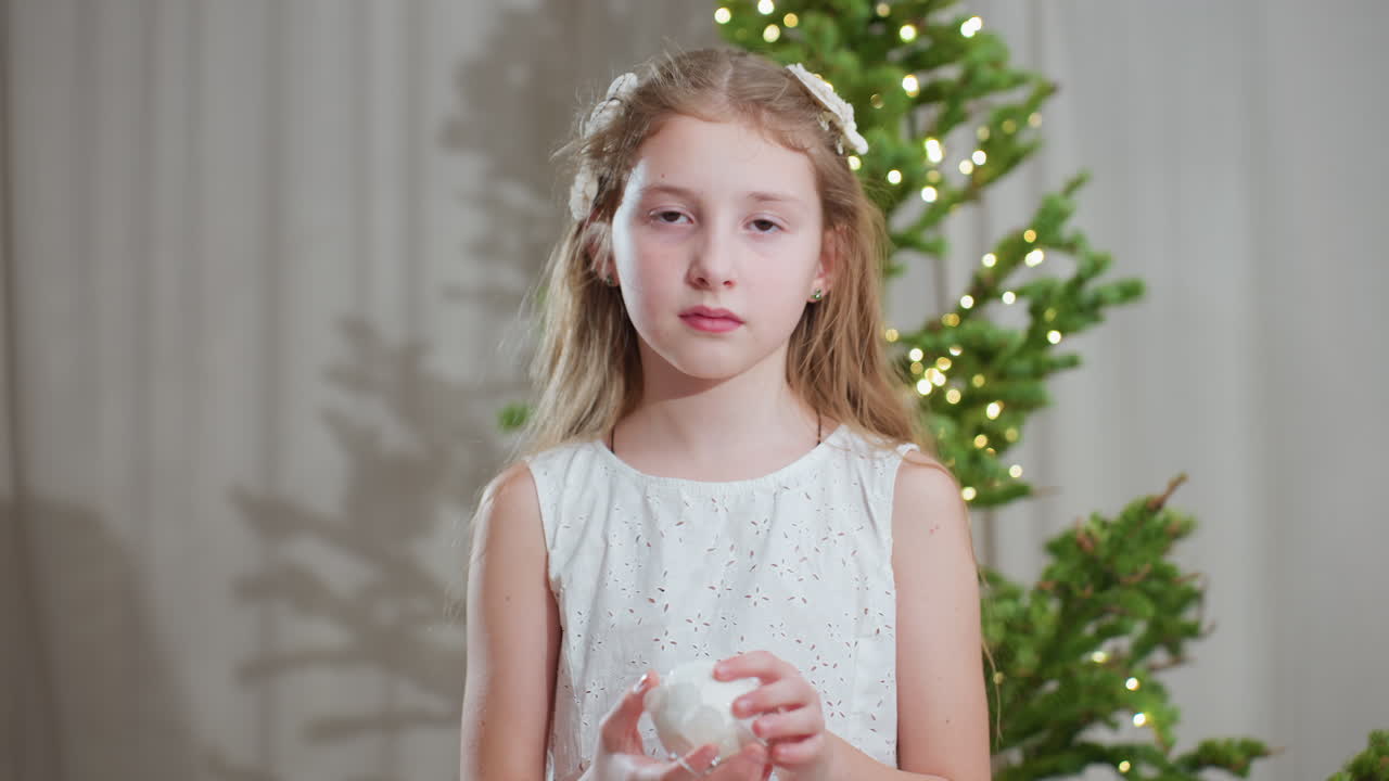 Close view of young girl in white gown standing near decorated christmas tree holding delicate white ornament in hand and playfully balancing it while enjoying cozy festive holiday atmosphere at home
