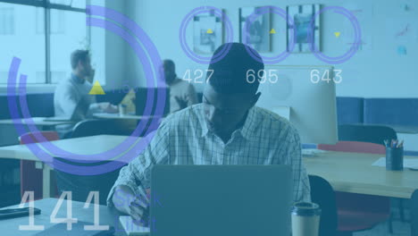 animation of financial data processing over african american businessman