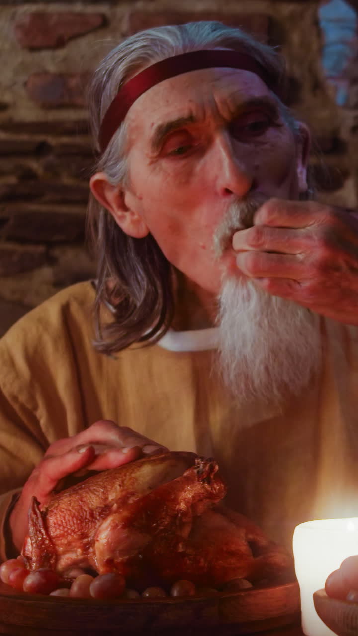 노인이 술집에 앉아 먹고, 배고픈 회색 머리 귀족은 왕의 성에서 풍부한 식사를 즐기고, 염소 수염을 가진 노인은 잔치에 참석합니다.