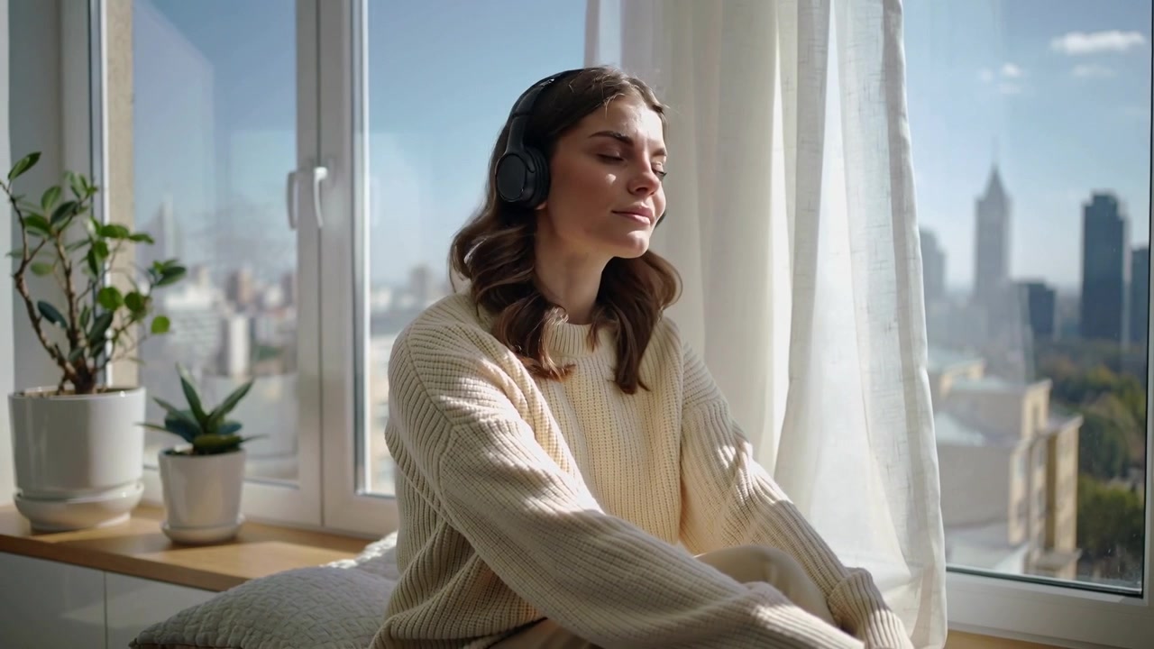 Donna con maglia color crema, accarezzata dal sole, che si inclina, apre e guarda il panorama della città dalla finestra dell'appartamento con le cuffie