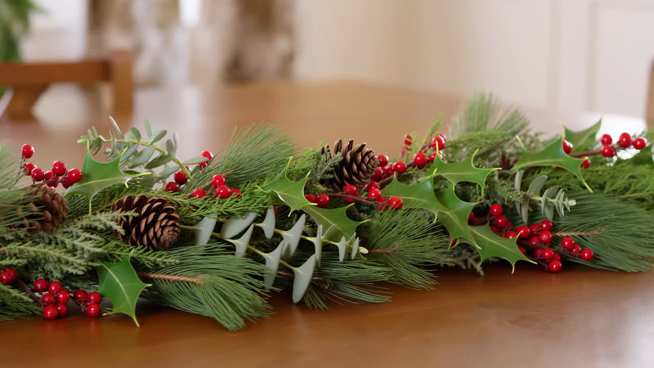 Nærbilde av festlig julekrans med kristtorn og kongler på et trebord