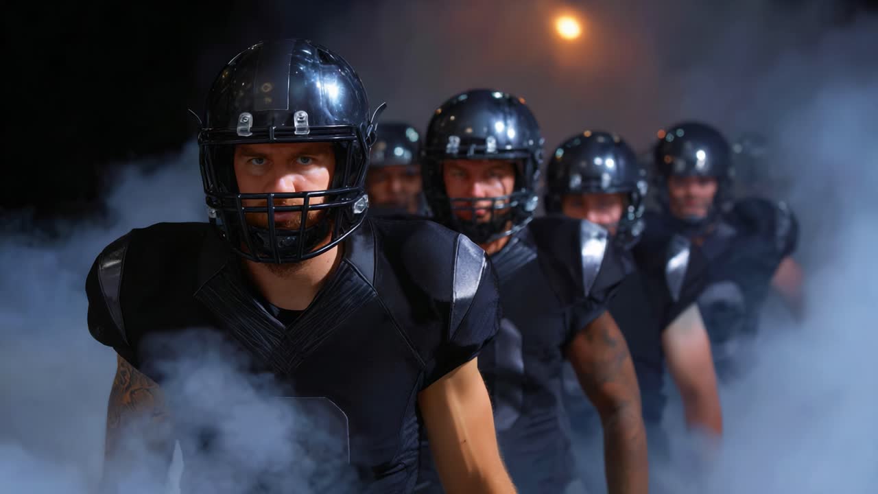 Momento intenso de um time de futebol americano emergindo da neblina, adornado com equipamentos pretos, simbolizando força e união antes de uma noite de jogo muito esperada