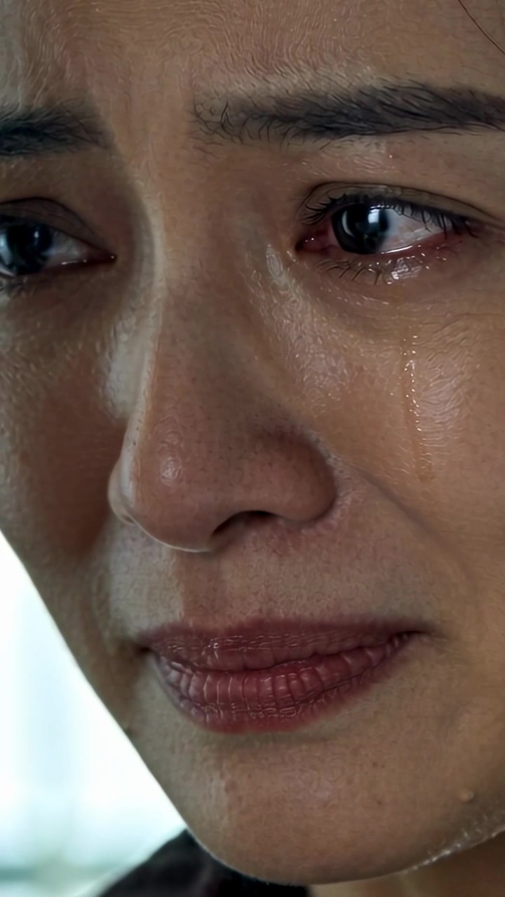 Vertical video: Crying adult Asian woman wiping tears on cheek in soft light, tear tracks visible