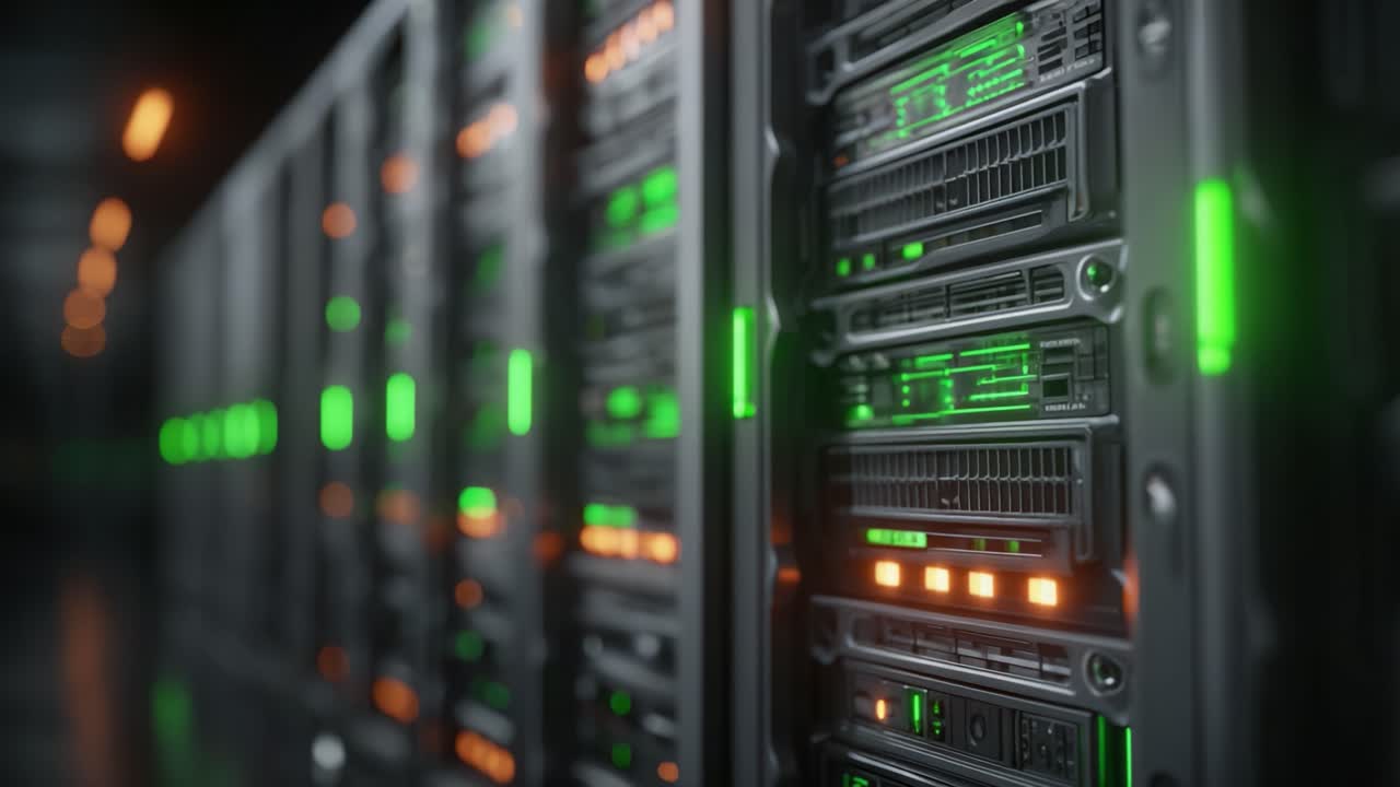 A Close-Up View of Modern Servers in a Data Center: The Intricate Details of Technology and Connectivity Captured in Brilliantly Lit Frames