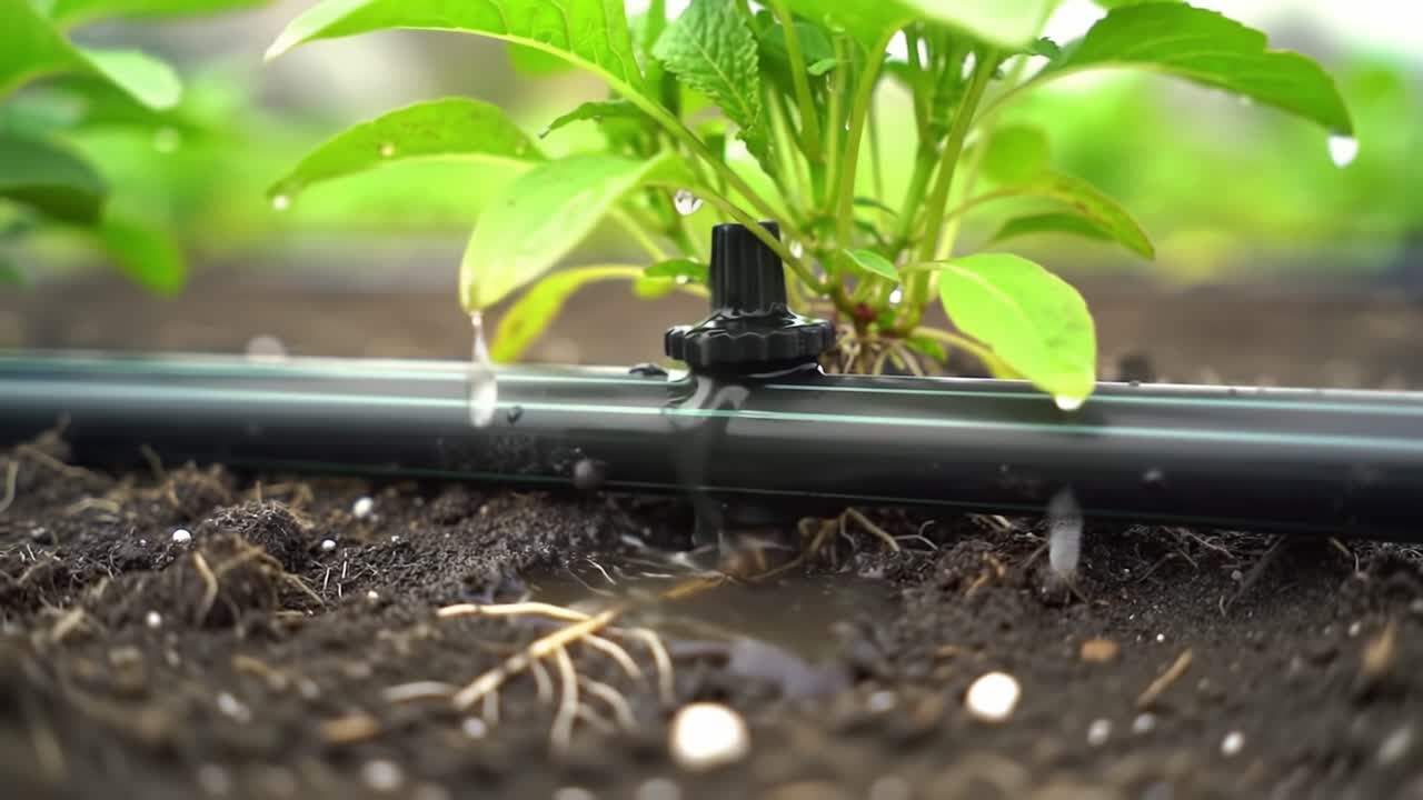 Efficient Drip Irrigation System Delivering Water to Thriving Plants in a Garden, Ensuring Optimal Growth and Moisture Levels for Healthy Bountiful Harvests