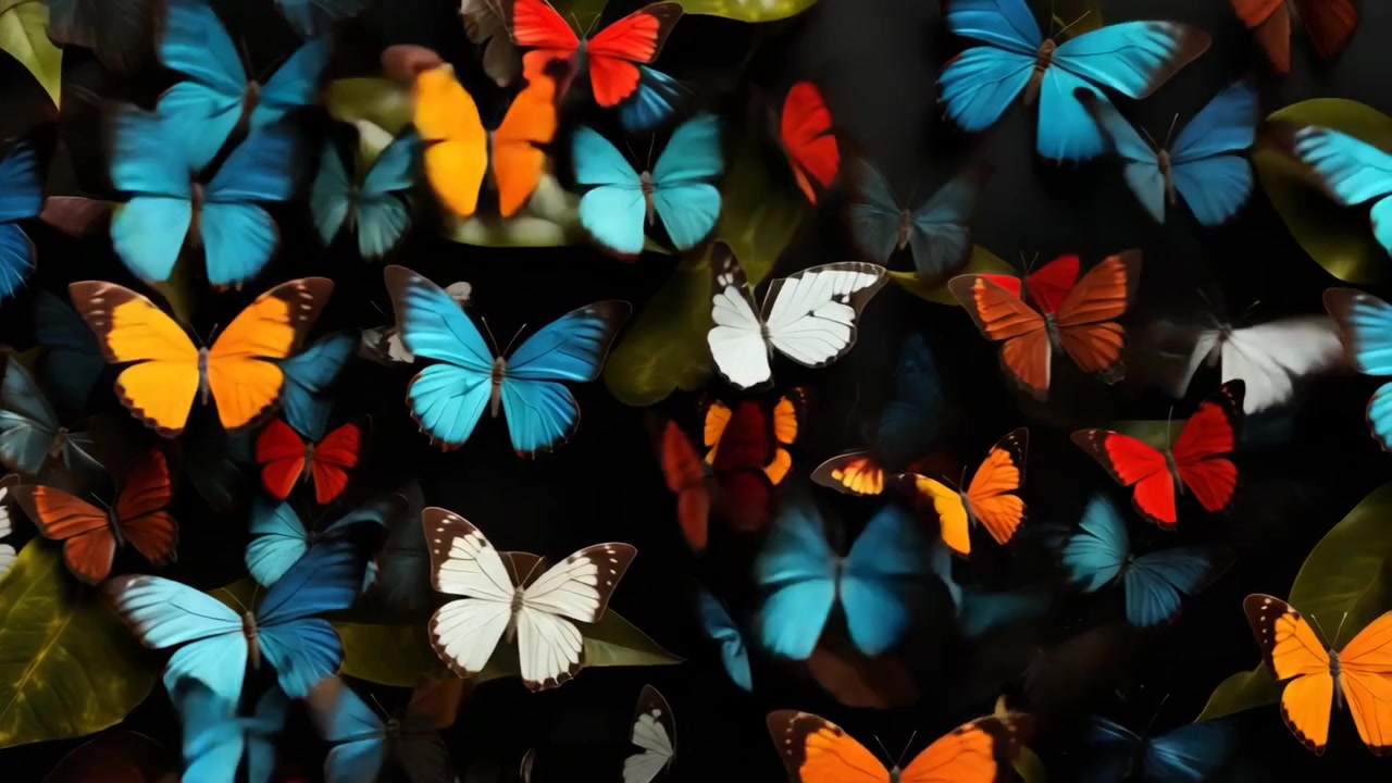 Vibrant Multicolored Butterflies Fluttering Against Dark Foliage