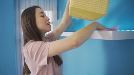 happy asian woman wiping dust using cleaning cloth on dirty dusty shelf.