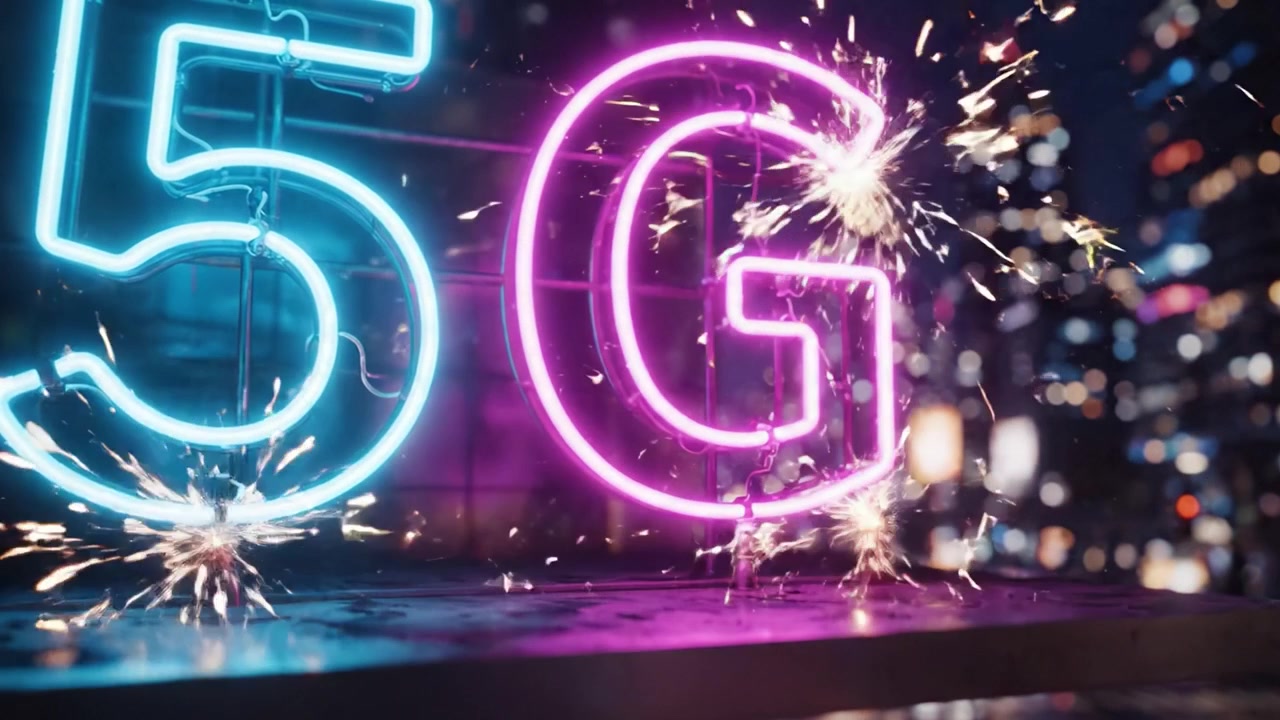 Vibranti Insegne al Neon che Illuminano un Paesaggio Urbano Presentano la Tecnologia '5G' in Mezzo a una Vivace Scena Notturna Urbana Piena di Luci Scintillanti e un Flusso di Traffico Dinamico