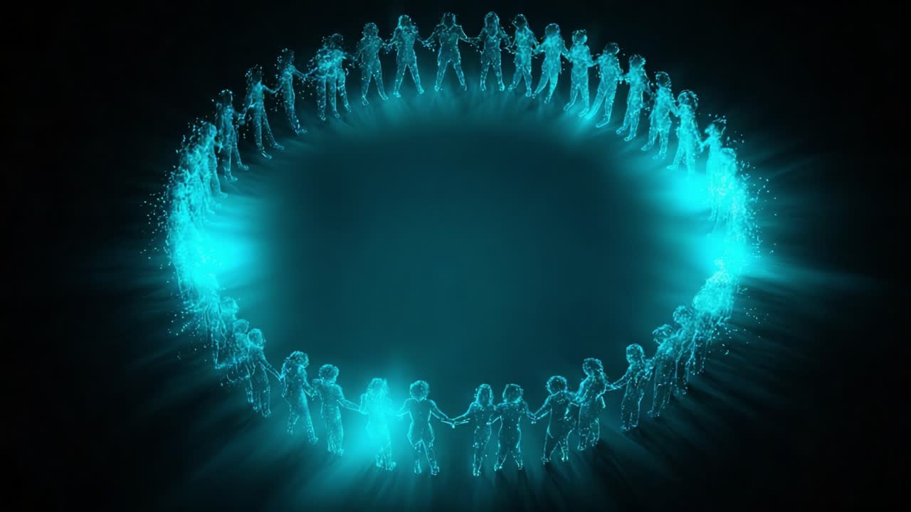 A mesmerizing circle of ethereal figures illuminated in a radiant blue glow, holding hands and creating a mystical connection, evoking a sense of unity and harmony in a captivating digital landscape