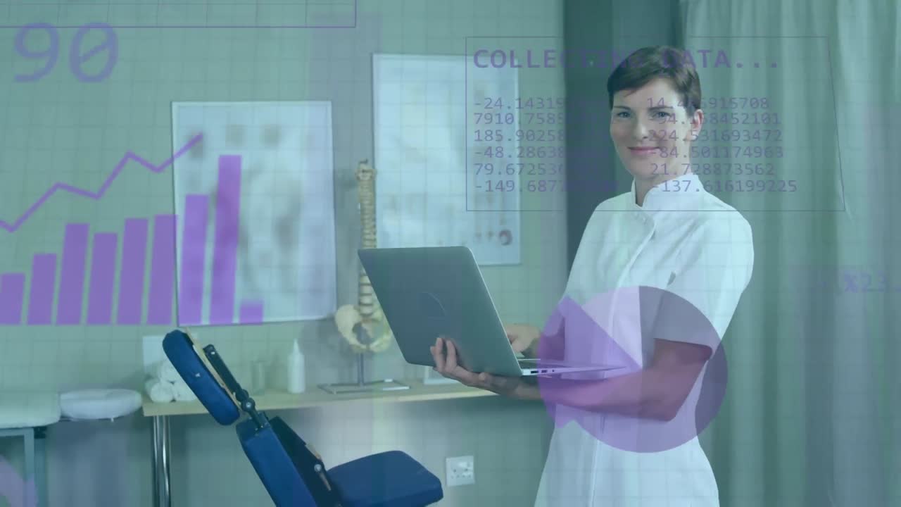 animación del procesamiento de datos estadísticos contra una doctora caucásica que usa una computadora portátil en el hospital
