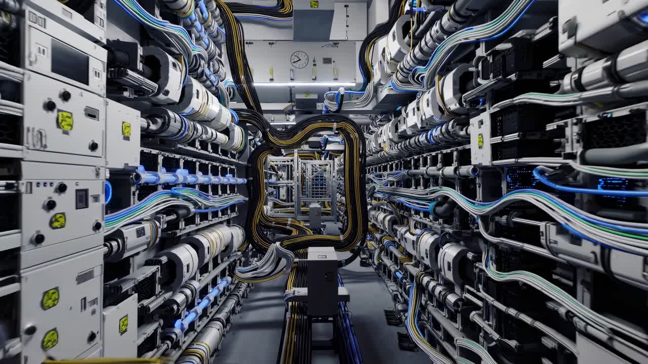 Complex network cables and servers pulse with blue light in a modern data center, showcasing the intricate infrastructure of digital technology