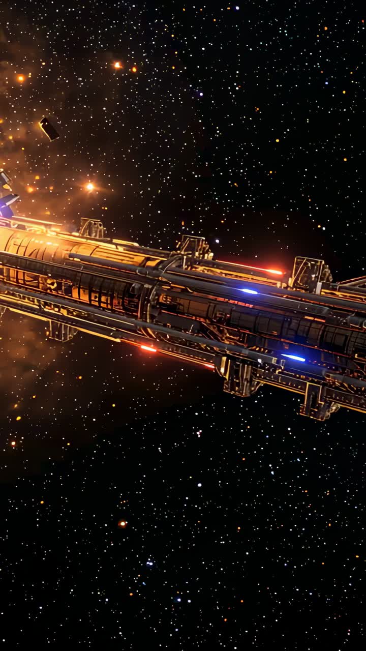 Vertical video: Flaring thruster causing ship drifting in space, with rectangular fragment moving