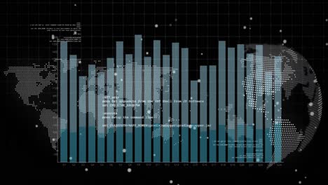 Animation-Der-Grafik--Und-Datenverarbeitung-über-Der-Weltkarte-Auf-Schwarzem-Hintergrund