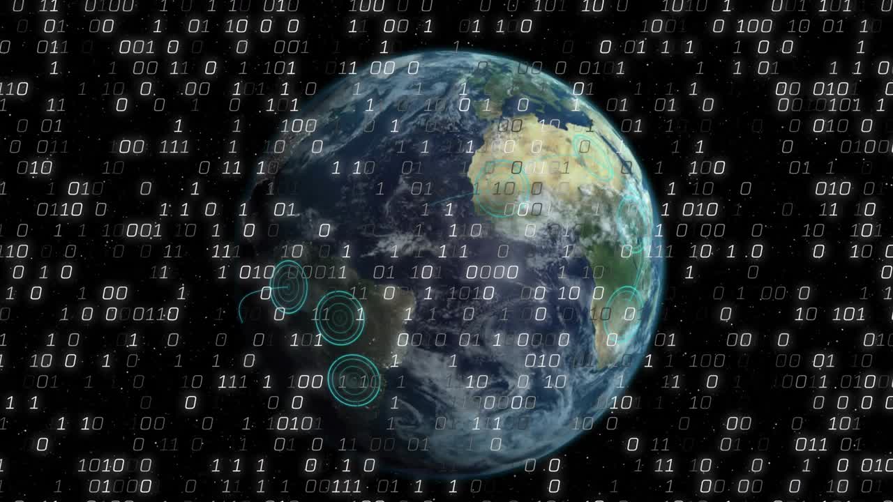 faint binary digits starting stream drifting around rotating Earth globe showing global data flow