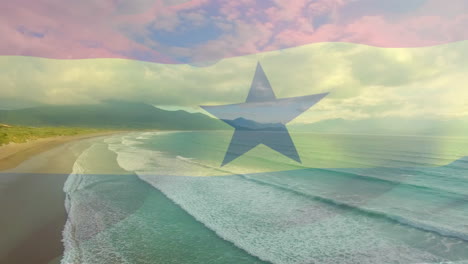 animation of ghanaian flag waving over sunny seaside