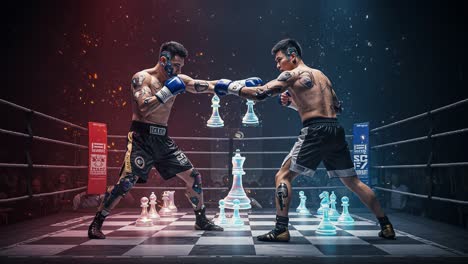 dynamic showdown: two fighters face off in an unconventional combat arena, merging boxing and chess with interactive visual elements and tension-filled atmosphere