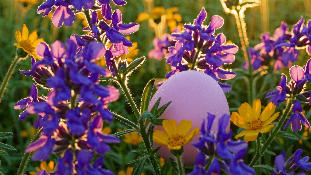 Primo piano di un uovo rosa adagiato tra vibranti fiori viola e gialli, che cattura una serena