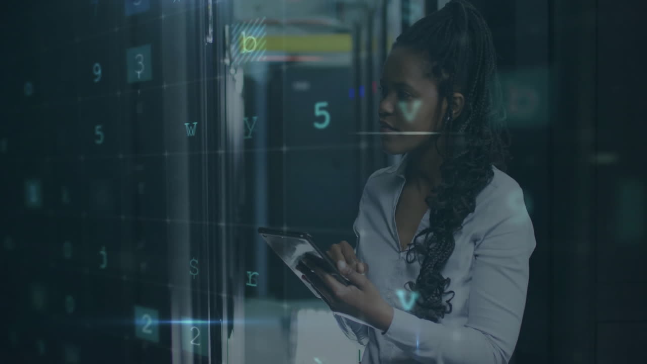Warning text and numbers animation over woman using tablet in server room