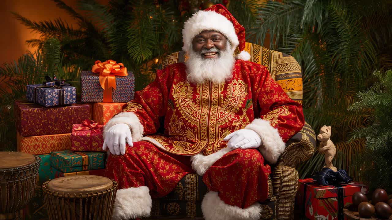 Smiling senior man dressed as Santa Claus laughing as camera filming on festive set, robe, gifts