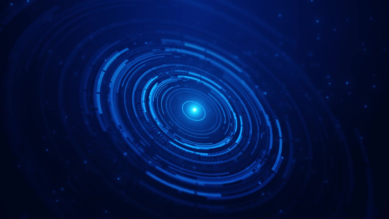 Futuristic blue circular hud interface features rotating rings particles artificial intelligence