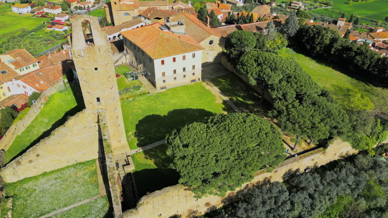 Aerial drone view of the Cassero Tower in Castiglion Fiorentino, Tuscany, Italy