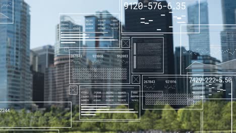 Animation-of-interface-with-data-processing-against-view-of-tall-buildings