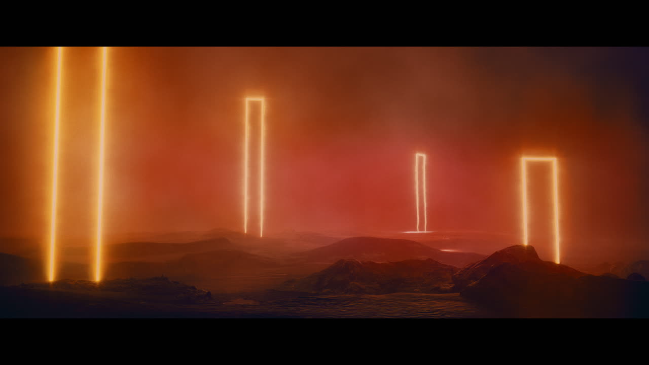 Rocky landscape with huge red light portal structures