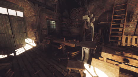 workshop interior with various tools and wooden structures during sunlight