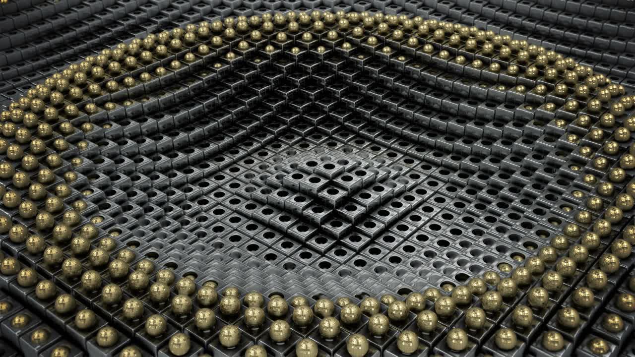 Waves of metal cubes that emit golden balls.