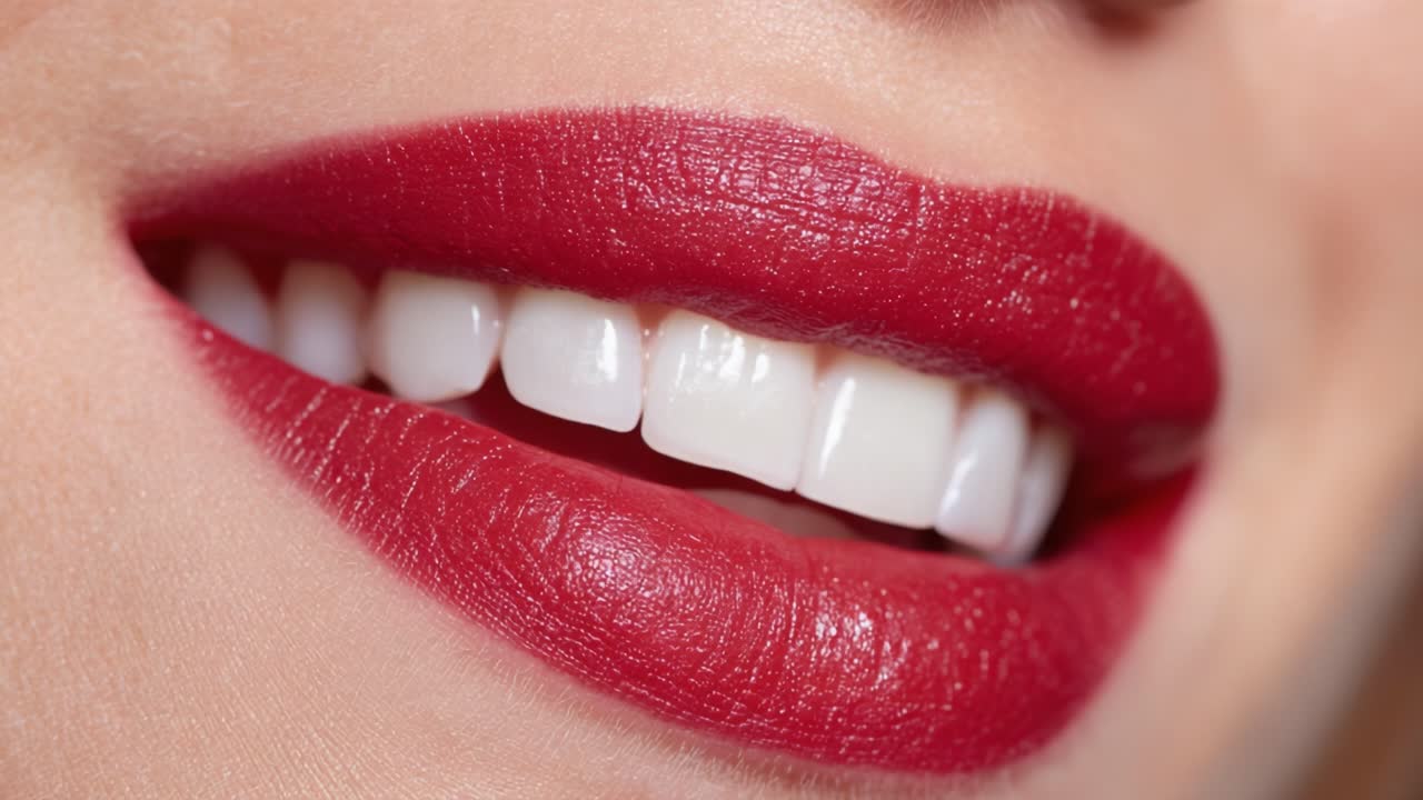 Close-up of Beautifully Enhanced Lips with Red Lipstick and Bright White Teeth, Showcasing Perfect Smile and Glossy Finish in a Captivating Image
