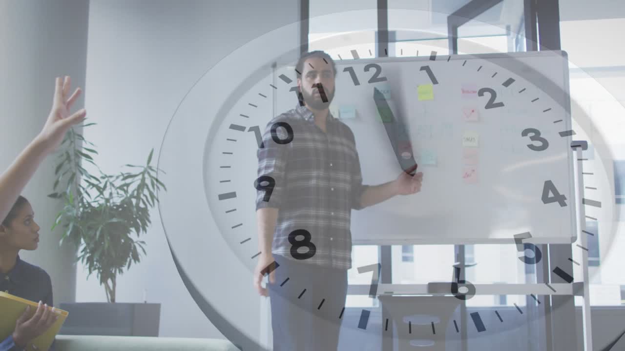 Presentador gesticulando en una pizarra blanca iniciando una superposición de reloj en una reunión de negocios y respondiendo una pregunta.